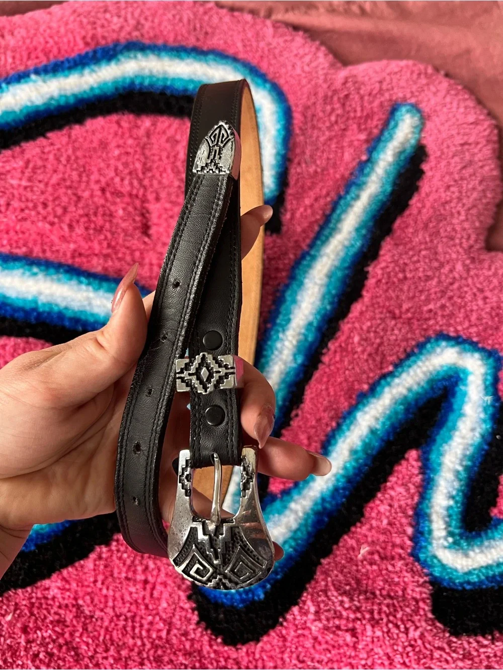 Nocona Black Leather Skinny Belt with Decorative Silver-Tone Tips